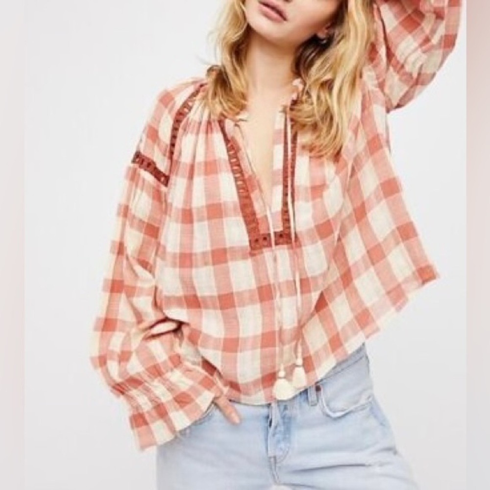 Free People - Rust Orange Gingham Blouse